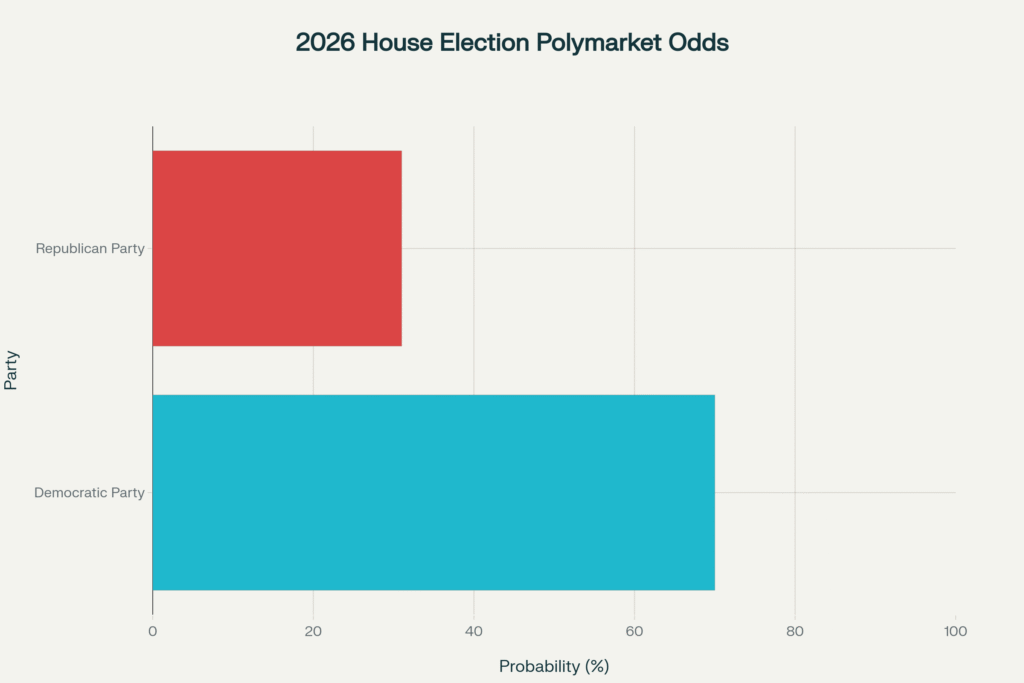 Polymarket prediction market odds showing 70% probability of Democratic House control and 31% probability of Republican control in 2026