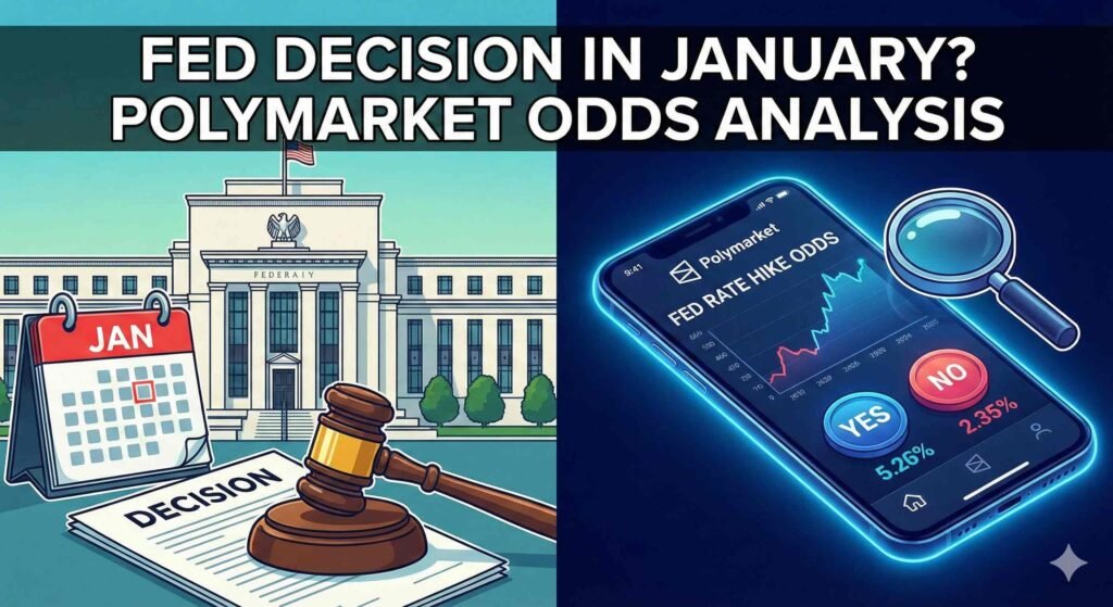 A split-screen infographic contrasting a cartoon Federal Reserve building, a 'JAN' calendar, and a gavel on the left with a neon-lit smartphone displaying Polymarket betting odds for a 'FED RATE HIKE' on the right. The title text across the top reads: 'FED DECISION IN JANUARY? POLYMARKET ODDS ANALYSIS