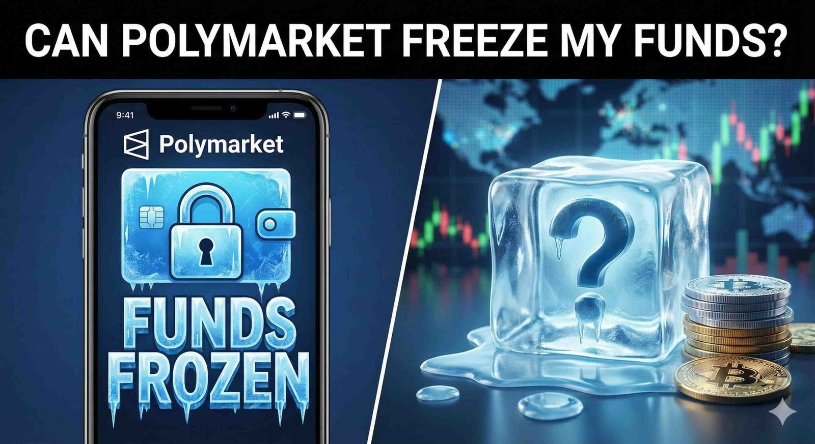 A dramatic illustration of a digital cryptocurrency wallet encased in a block of ice with a padlock on the front, visualizing the concept of frozen assets and account restrictions on the Polymarket platform.