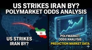 Digital illustration analyzing the probability of a US strike on Iran, featuring a stylized map, military iconography, and a rising Polymarket odds chart for 2026.