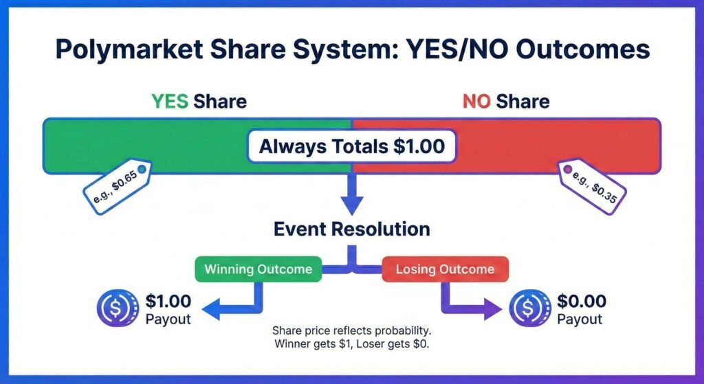 Visual explanation of Polymarket share pricing where YES and NO shares combine to equal $1.00, reflecting event probability. Shows that winners receive $1.00 and losers receive $0.00.