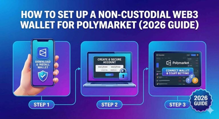A three-step infographic guide titled 'HOW TO SET UP A NON-CUSTODIAL WEB3 WALLET FOR POLYMARKET (2026 GUIDE)'. Step 1 shows a hand holding a smartphone with a 'DOWNLOAD & INSTALL WALLET' icon. Step 2 displays a laptop with a 'CREATE & SECURE ACCOUNT' screen and seed phrase. Step 3 features a tablet showing the Polymarket interface with a 'CONNECT WALLET & START BETTING' button. A '2026 GUIDE' badge is in the corner.