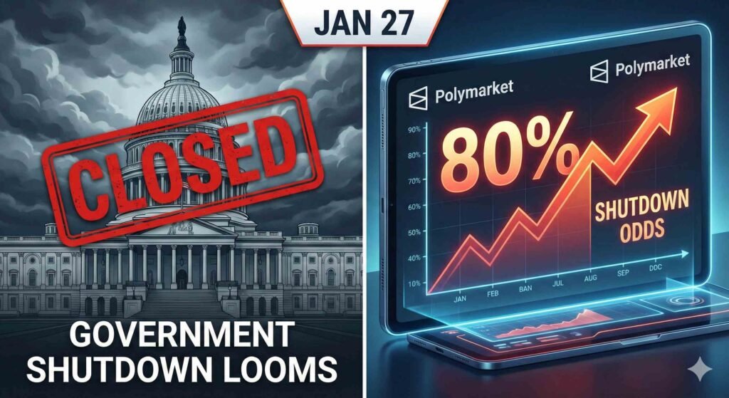 A split-screen digital illustration designed for a Reddit post. The left side features a dark, stormy image of the US Capitol building stamped with a large red 'CLOSED' sign. The right side shows a glowing tablet interface displaying a rising graph with '80%' and 'SHUTDOWN ODDS'. A small Reddit logo appears in the corner. The main text overlay at the bottom reads: 'POLYMARKET BRIEFING: SHUTDOWN ODDS HIT 80%