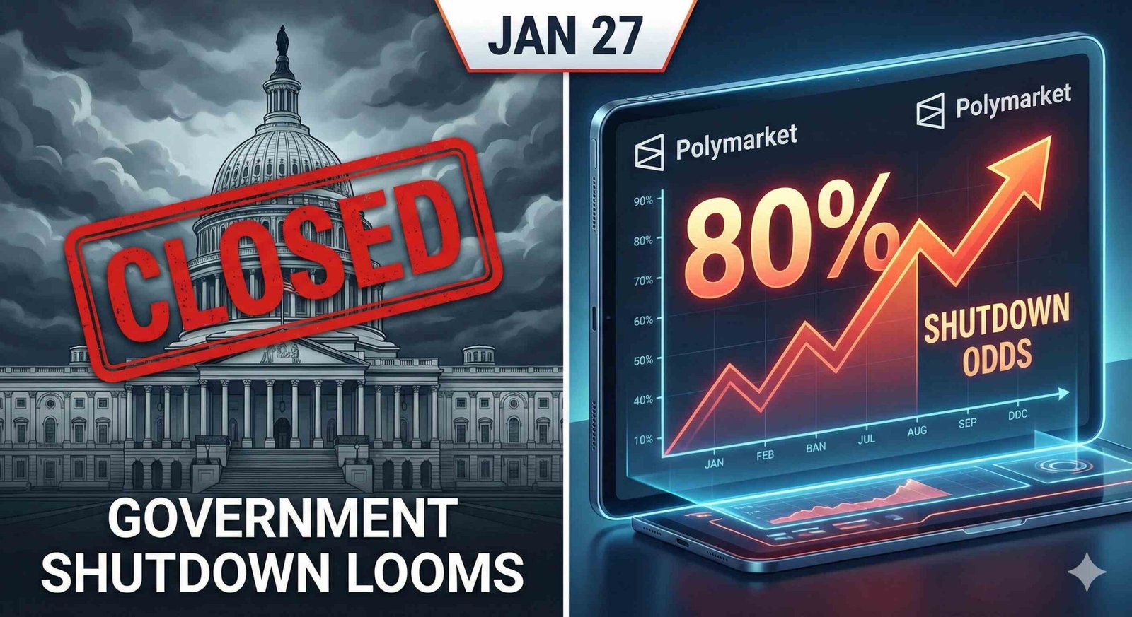 A split-screen digital illustration designed for a Reddit post. The left side features a dark, stormy image of the US Capitol building stamped with a large red 'CLOSED' sign. The right side shows a glowing tablet interface displaying a rising graph with '80%' and 'SHUTDOWN ODDS'. A small Reddit logo appears in the corner. The main text overlay at the bottom reads: 'POLYMARKET BRIEFING: SHUTDOWN ODDS HIT 80%