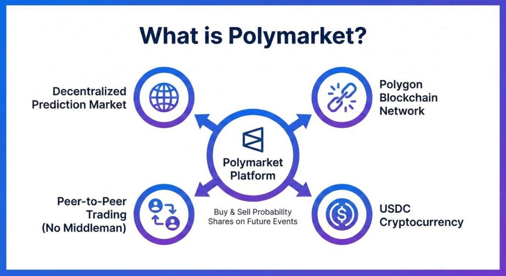 Diagram showing the four core pillars of Polymarket: Decentralized Prediction Market, Polygon Blockchain Network, Peer-to-Peer Trading, and USDC Cryptocurrency usage.