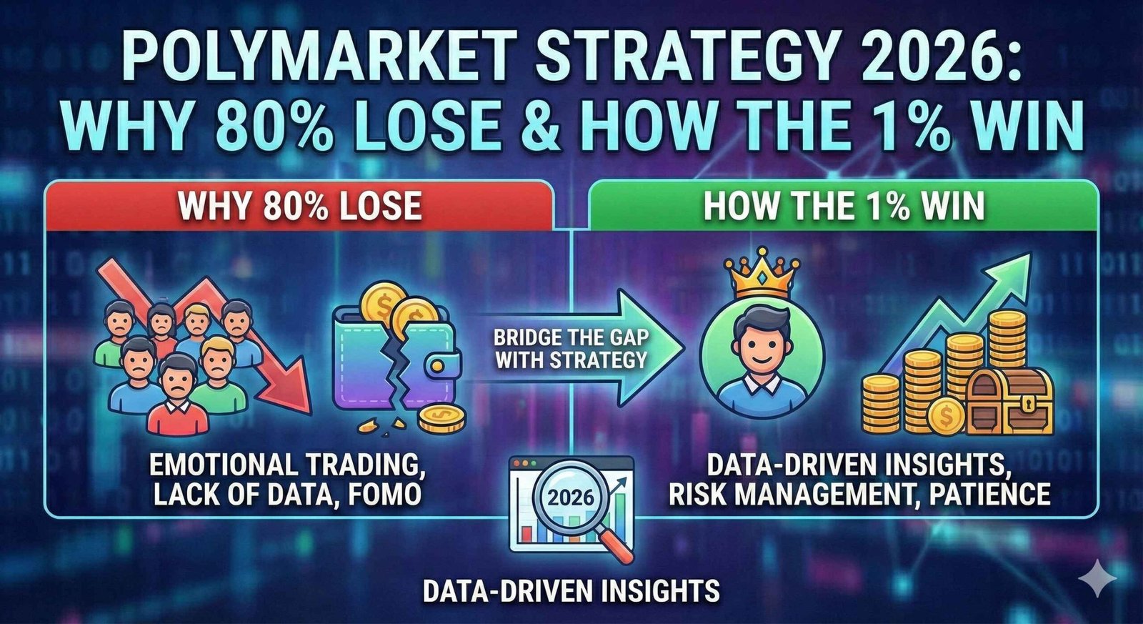 A split-screen digital illustration contrasting a frustrated trader with red downward charts against a calm, professional strategist with green profit graphs, visualizing the gap between the '80% who lose' and the '1% who win' in Polymarket trading for 2026.