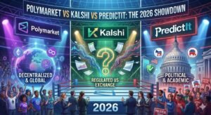 A digital illustration depicting a 'battle of the platforms' inside a futuristic arena. The left section represents Polymarket with purple neon lights and crypto icons labeled 'Decentralized & Global'. The center features Kalshi in green with dollar signs labeled 'Regulated US Exchange'. The right side shows PredictIt with US Capitol imagery labeled 'Political & Academic'. An overhead banner reads 'POLYMARKET VS KALSHI VS PREDICTIT: THE 2026 SHOWDOWN