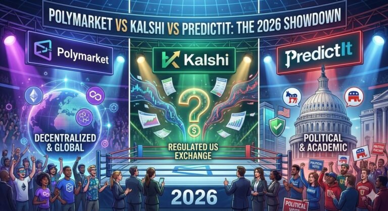 A digital illustration depicting a 'battle of the platforms' inside a futuristic arena. The left section represents Polymarket with purple neon lights and crypto icons labeled 'Decentralized & Global'. The center features Kalshi in green with dollar signs labeled 'Regulated US Exchange'. The right side shows PredictIt with US Capitol imagery labeled 'Political & Academic'. An overhead banner reads 'POLYMARKET VS KALSHI VS PREDICTIT: THE 2026 SHOWDOWN