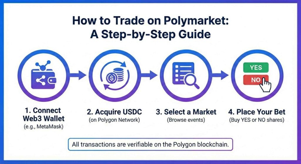 Four-step process for trading on Polymarket: 1. Connect a Web3 wallet like MetaMask, 2. Acquire USDC on Polygon, 3. Select a market event, and 4. Place a YES or NO bet.
