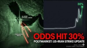 A split-screen graphic featuring a satellite map of Al Udeid Air Base in Qatar showing 'Evacuation Route' flight paths, alongside a sharp upward-trending Polymarket chart labeled 'ODDS HIT 30%: US-Iran Strike Update' dated Jan 16