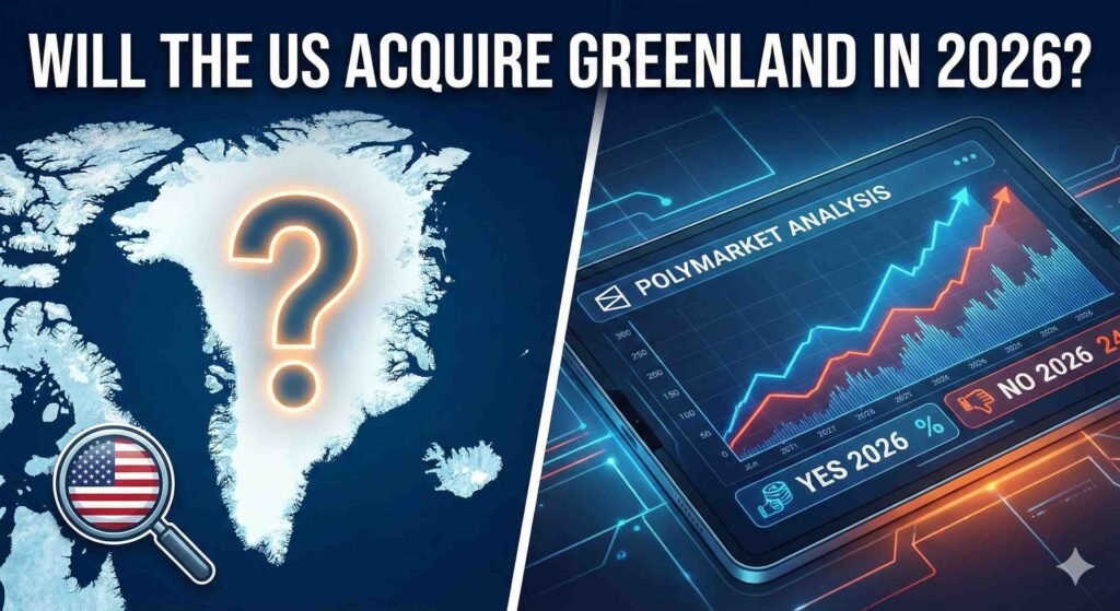 A split-screen digital illustration analyzing the potential US acquisition of Greenland. The left side features a map of Greenland with a large question mark and a magnifying glass with the US flag pattern. The right side shows a tablet displaying a Polymarket trading graph with betting odds for 'YES 2026' and 'NO 2026'. The main title text across the top reads, 'WILL THE US ACQUIRE GREENLAND IN 2026?'
