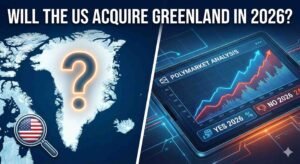 A split-screen digital illustration analyzing the potential US acquisition of Greenland. The left side features a map of Greenland with a large question mark and a magnifying glass with the US flag pattern. The right side shows a tablet displaying a Polymarket trading graph with betting odds for 'YES 2026' and 'NO 2026'. The main title text across the top reads, 'WILL THE US ACQUIRE GREENLAND IN 2026?'