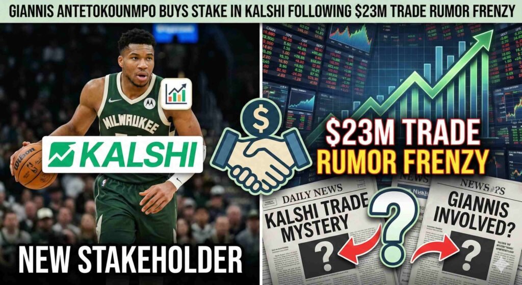 A digital news illustration featuring NBA star Giannis Antetokounmpo in a Milwaukee Bucks jersey on the left, labeled as a 'NEW STAKEHOLDER' with the Kalshi logo. The right side displays financial charts and newspaper headlines reading '$23M TRADE RUMOR FRENZY' and 'KALSHI TRADE MYSTERY', connecting the athlete to the recent high-stakes prediction market activity.