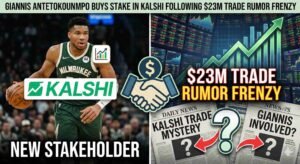A digital news illustration featuring NBA star Giannis Antetokounmpo in a Milwaukee Bucks jersey on the left, labeled as a 'NEW STAKEHOLDER' with the Kalshi logo. The right side displays financial charts and newspaper headlines reading '$23M TRADE RUMOR FRENZY' and 'KALSHI TRADE MYSTERY', connecting the athlete to the recent high-stakes prediction market activity.