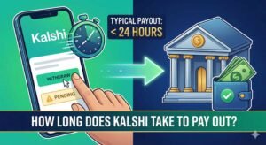 A digital illustration visualizing the withdrawal timeline on the Kalshi prediction market app. A hand taps a 'WITHDRAW' button on a smartphone, with a stopwatch icon indicating speed. An arrow points to a bank building and a wallet, representing the transfer of funds. Text overlays state 'TYPICAL PAYOUT: < 24 HOURS' and the main title 'HOW LONG DOES KALSHI TAKE TO PAY OUT?