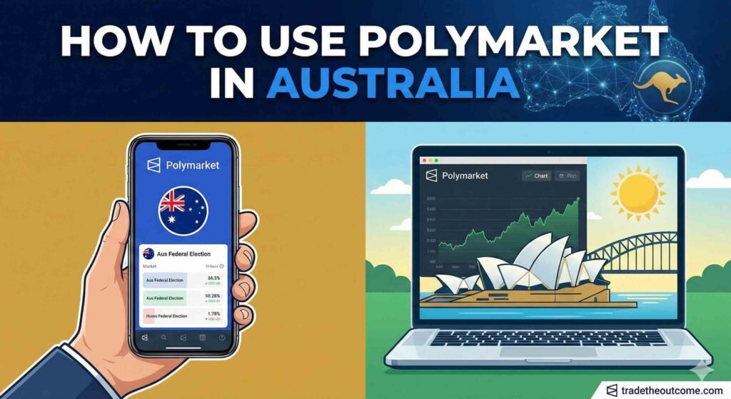 A split-panel digital illustration titled 'HOW TO USE POLYMARKET IN AUSTRALIA'. The top banner features the text against a dark blue background with a glowing network map of Australia and a golden kangaroo icon. The bottom left shows a hand holding a smartphone displaying the Polymarket app with an 'Aus Federal Election' market and the Australian flag. The bottom right displays a laptop showing a Polymarket trading chart, set against stylized illustrations of the Sydney Opera House and Harbour Bridge under a bright sun. A 'tradetheoutcome.com' watermark is visible in the bottom right corner.