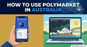 A split-panel digital illustration titled 'HOW TO USE POLYMARKET IN AUSTRALIA'. The top banner features the text against a dark blue background with a glowing network map of Australia and a golden kangaroo icon. The bottom left shows a hand holding a smartphone displaying the Polymarket app with an 'Aus Federal Election' market and the Australian flag. The bottom right displays a laptop showing a Polymarket trading chart, set against stylized illustrations of the Sydney Opera House and Harbour Bridge under a bright sun. A 'tradetheoutcome.com' watermark is visible in the bottom right corner.