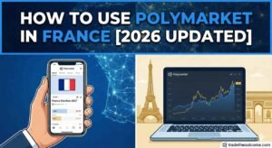 A split-panel digital illustration titled 'HOW TO USE POLYMARKET IN FRANCE [2026 UPDATED]'. The top banner features the text overlaid on a glowing network map of Europe. The bottom left shows a hand holding a smartphone displaying a Polymarket market for the 'France Election 2027' alongside a French flag. The bottom right displays a laptop showing a Polymarket trading chart, set against stylized illustrations of the Eiffel Tower and Arc de Triomphe. A 'tradetheoutcome.com' watermark is visible in the bottom right corner.