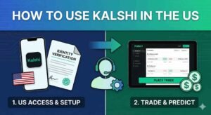 A step-by-step infographic titled 'HOW TO USE KALSHI IN THE US'. The left section, labeled '1. US ACCESS & SETUP', features a phone with the Kalshi app, a US flag, and an identity verification form. An arrow points to the right section, '2. TRADE & PREDICT', which displays a tablet interface showing market options and a 'PLACE TRADE' button surrounded by dollar signs.