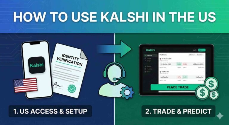 A step-by-step infographic titled 'HOW TO USE KALSHI IN THE US'. The left section, labeled '1. US ACCESS & SETUP', features a phone with the Kalshi app, a US flag, and an identity verification form. An arrow points to the right section, '2. TRADE & PREDICT', which displays a tablet interface showing market options and a 'PLACE TRADE' button surrounded by dollar signs.