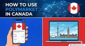 A split-panel digital illustration titled 'HOW TO USE POLYMARKET IN CANADA'. The top banner features the text against a dark blue background with a glowing network map and a circular Canadian flag icon. The bottom left shows a hand holding a smartphone displaying the Polymarket app with a 'Canada Federal Election' market and the Canadian flag. The bottom right displays a laptop showing a Polymarket trading chart, set against stylized illustrations of the CN Tower and Parliament Hill in Ottawa. A 'tradetheoutcome.com' watermark is visible in the bottom right corner.