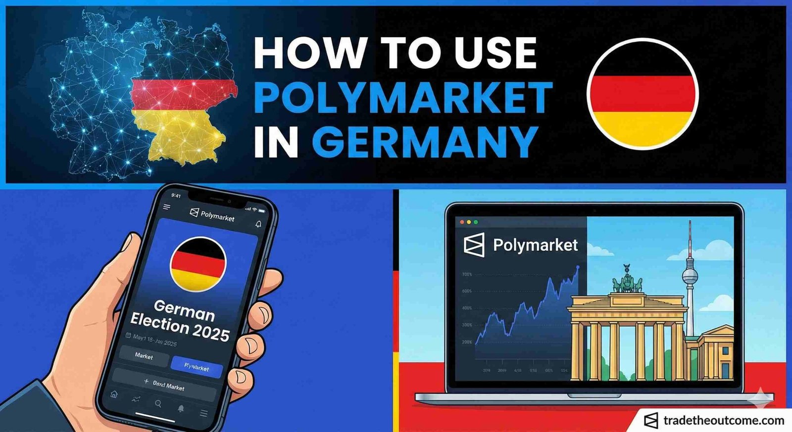A split-panel digital illustration titled 'HOW TO USE POLYMARKET IN GERMANY'. The top banner features the text alongside a glowing network map of Germany in its national colors and a circular German flag icon. The bottom left shows a hand holding a smartphone displaying the Polymarket app with a 'German Election 2025' market and the German flag. The bottom right displays a laptop showing a Polymarket trading chart, set against stylized illustrations of the Brandenburg Gate and the Berlin TV Tower. A 'tradetheoutcome.com' watermark is visible in the bottom right corner.