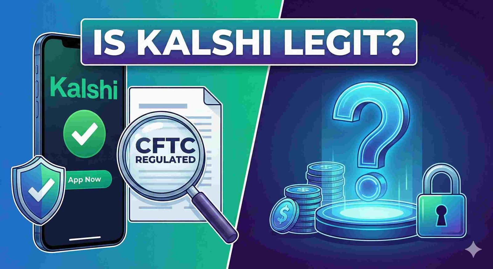 A split-screen digital illustration titled 'IS KALSHI LEGIT?'. The left side symbolizes trust and regulation, featuring a smartphone with the Kalshi app, a security shield, and a document under a magnifying glass labeled 'CFTC REGULATED'. The right side represents the user's inquiry into safety, showing a large glowing question mark, stacks of digital coins, and a secure lock icon.
