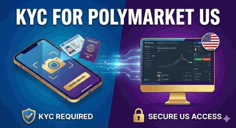 A split-screen digital illustration depicting the Know Your Customer (KYC) process. The left side features a smartphone scanning a government ID and passport with a 'Verify Identity' prompt, labeled 'KYC REQUIRED'. A stream of digital data flows to the right side, unlocking a desktop monitor displaying the Polymarket interface with a US flag badge, labeled 'SECURE US ACCESS'. The main title reads 'KYC FOR POLYMARKET US