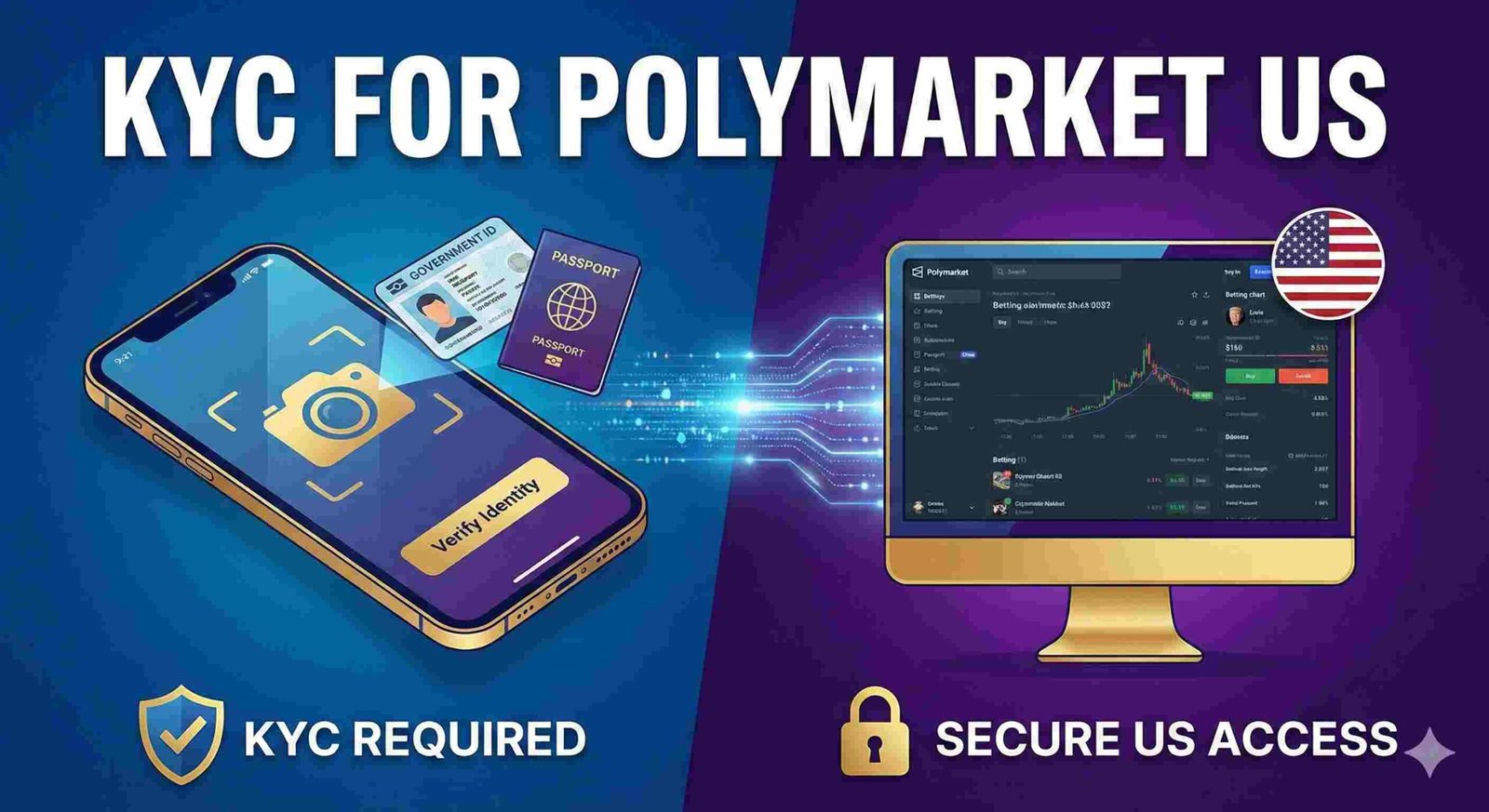 A split-screen digital illustration depicting the Know Your Customer (KYC) process. The left side features a smartphone scanning a government ID and passport with a 'Verify Identity' prompt, labeled 'KYC REQUIRED'. A stream of digital data flows to the right side, unlocking a desktop monitor displaying the Polymarket interface with a US flag badge, labeled 'SECURE US ACCESS'. The main title reads 'KYC FOR POLYMARKET US