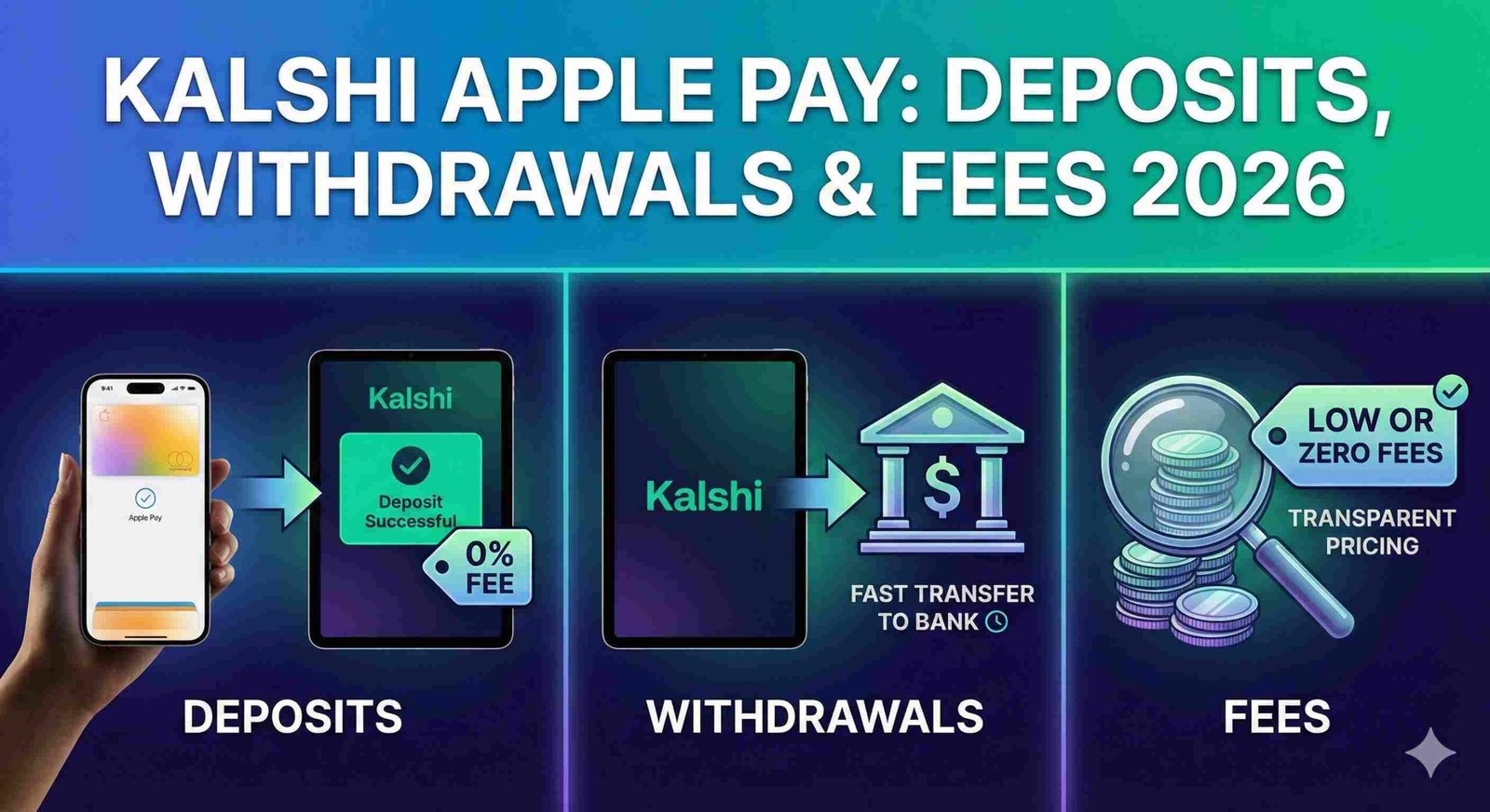 A three-panel infographic titled 'KALSHI APPLE PAY: DEPOSITS, WITHDRAWALS & FEES 2026'. The left panel, labeled 'DEPOSITS', shows an iPhone authorizing an Apple Pay transaction into the Kalshi app with a '0% FEE' tag. The center panel, 'WITHDRAWALS', depicts funds moving from Kalshi to a bank institution, noted as 'FAST TRANSFER'. The right panel, 'FEES', features a magnifying glass inspecting a stack of coins with a tag reading 'LOW OR ZERO FEES'