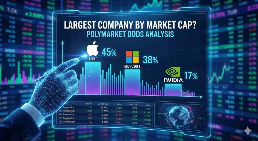 A digital illustration of a futuristic financial interface. A glowing hand points to a bar chart ranking tech giants by market cap odds. The chart shows Apple leading at 45%, followed by Microsoft at 38%, and Nvidia at 17%. The main title reads 'LARGEST COMPANY BY MARKET CAP? POLYMARKET ODDS ANALYSIS'
