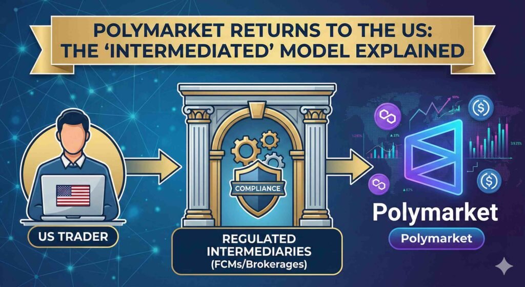 A process flow infographic titled 'POLYMARKET RETURNS TO THE US: THE 'INTERMEDIATED' MODEL EXPLAINED'. On the left, a 'US TRADER' sits at a laptop with a US flag. An arrow points to the center, a classical building labeled 'REGULATED INTERMEDIARIES (FCMs/Brokerages)' featuring a compliance shield. A final arrow leads to the right, showing the Polymarket logo surrounded by Polygon and currency icons