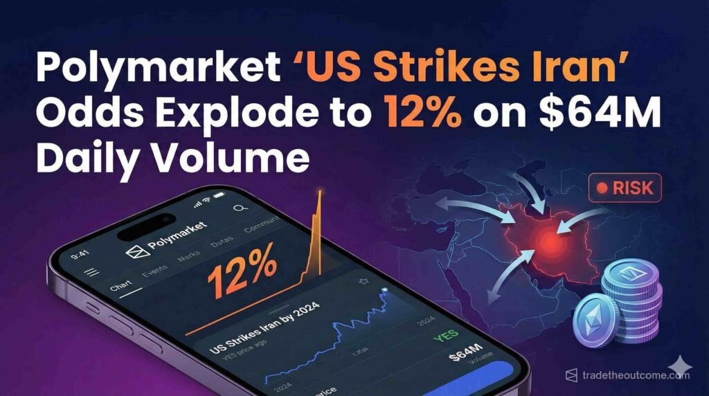 Graphic illustrating Polymarket odds for a 'US Strikes Iran' event exploding to 12% amid $64 million in daily trading volume. The image features a smartphone displaying the Polymarket betting chart with a sharp upward spike, set against a geopolitical risk map of the Middle East highlighting Iran, and a stack of cryptocurrency coins. A 'tradetheoutcome.com' watermark is in the bottom right corner.