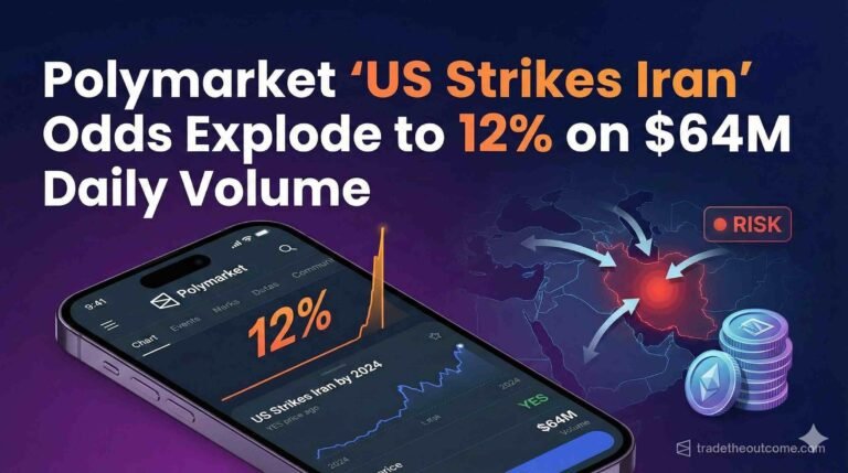 Graphic illustrating Polymarket odds for a 'US Strikes Iran' event exploding to 12% amid $64 million in daily trading volume. The image features a smartphone displaying the Polymarket betting chart with a sharp upward spike, set against a geopolitical risk map of the Middle East highlighting Iran, and a stack of cryptocurrency coins. A 'tradetheoutcome.com' watermark is in the bottom right corner.