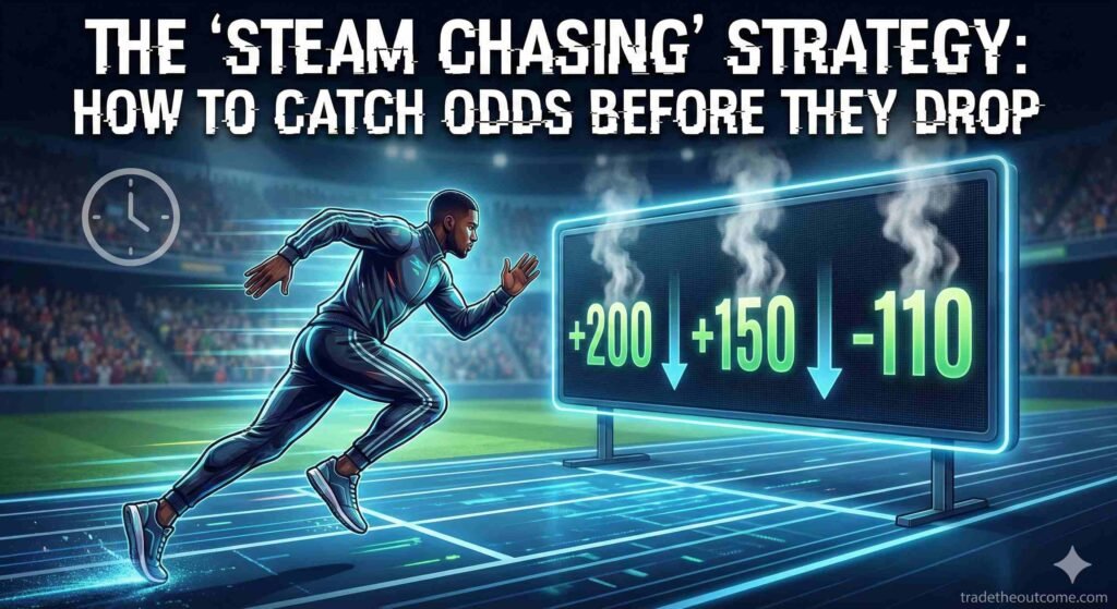 A dynamic digital illustration titled 'THE 'STEAM CHASING' STRATEGY: HOW TO CATCH ODDS BEFORE THEY DROP'. A sprinter races on a futuristic track towards a scoreboard displaying odds dropping (+200 to +150 to -110) with steam rising from them, symbolizing the urgency of the strategy. A watermark for 'tradetheoutcome.com' is visible in the bottom right corner.