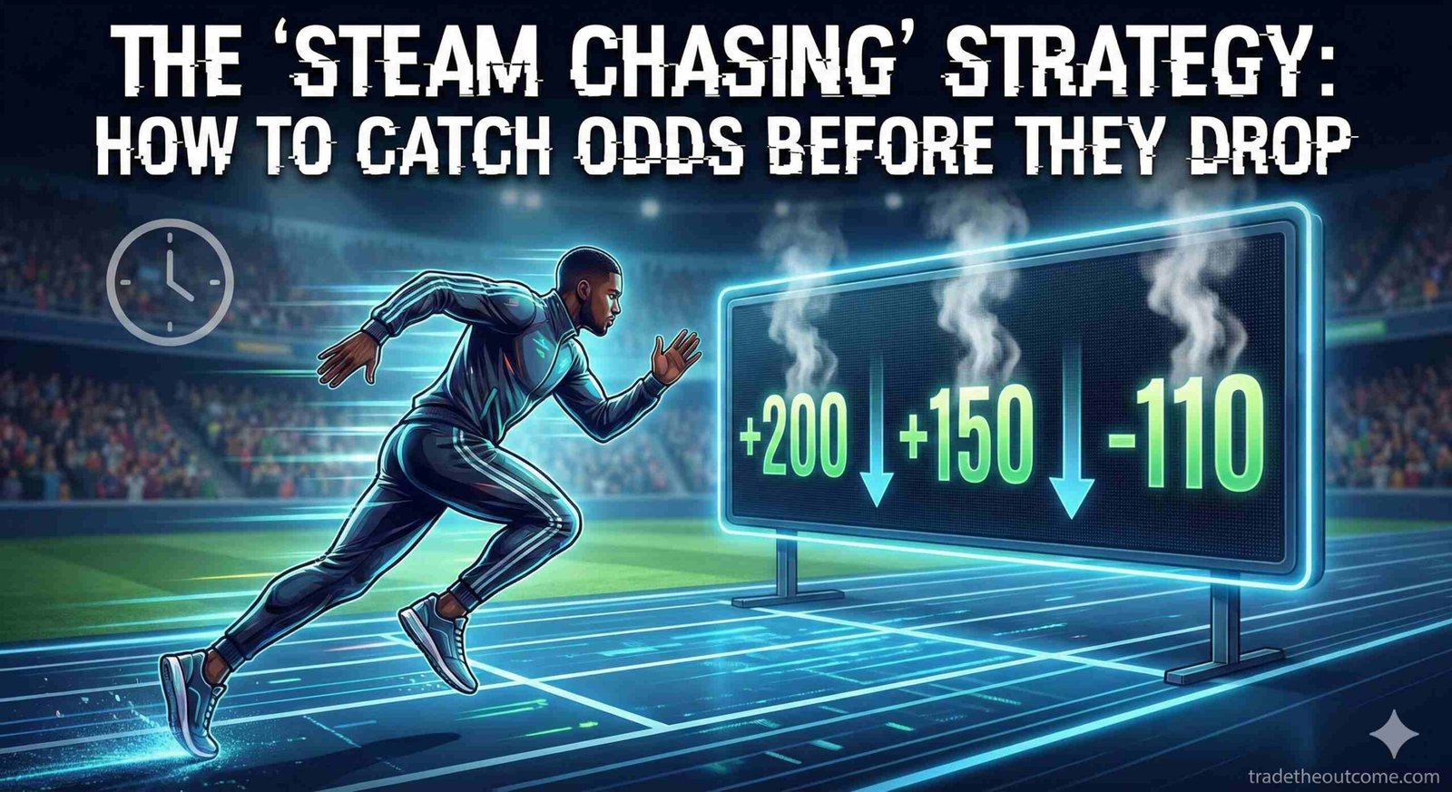 A dynamic digital illustration titled 'THE 'STEAM CHASING' STRATEGY: HOW TO CATCH ODDS BEFORE THEY DROP'. A sprinter races on a futuristic track towards a scoreboard displaying odds dropping (+200 to +150 to -110) with steam rising from them, symbolizing the urgency of the strategy. A watermark for 'tradetheoutcome.com' is visible in the bottom right corner.