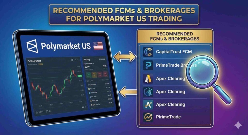 A digital illustration featuring a tablet displaying a list of 'Recommended FCMs & Brokerages' for Polymarket US trading. The screen lists options including 'CapitalTrust FCM,' 'PrimeTrade Brokers,' and 'Apex Clearing,' alongside a magnifying glass graphic highlighting the selection. A title banner above reads 'RECOMMENDED FCMs & BROKERAGES FOR POLYMARKET US TRADING,' emphasizing the new regulated intermediary structure for US residents.