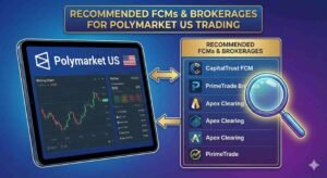 A digital illustration featuring a tablet displaying a list of 'Recommended FCMs & Brokerages' for Polymarket US trading. The screen lists options including 'CapitalTrust FCM,' 'PrimeTrade Brokers,' and 'Apex Clearing,' alongside a magnifying glass graphic highlighting the selection. A title banner above reads 'RECOMMENDED FCMs & BROKERAGES FOR POLYMARKET US TRADING,' emphasizing the new regulated intermediary structure for US residents.
