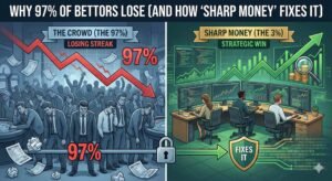 A split-screen illustration contrasting casual bettors with professional 'sharp' bettors. The left side, labeled 'THE CROWD (THE 97%)', shows a chaotic, blue-toned scene of stressed individuals with a large red downward graph arrow representing losses. The right side, labeled 'SHARP MONEY (THE 3%)', depicts a professional office environment with analysts at multi-screen workstations and a green upward trend line, symbolizing strategic wins. A shield icon labeled 'FIXES IT' bridges the transition between the two groups.