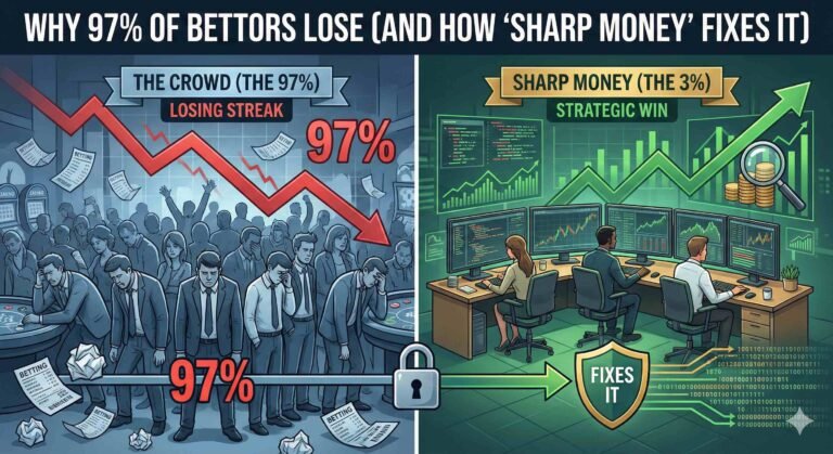 A split-screen illustration contrasting casual bettors with professional 'sharp' bettors. The left side, labeled 'THE CROWD (THE 97%)', shows a chaotic, blue-toned scene of stressed individuals with a large red downward graph arrow representing losses. The right side, labeled 'SHARP MONEY (THE 3%)', depicts a professional office environment with analysts at multi-screen workstations and a green upward trend line, symbolizing strategic wins. A shield icon labeled 'FIXES IT' bridges the transition between the two groups.