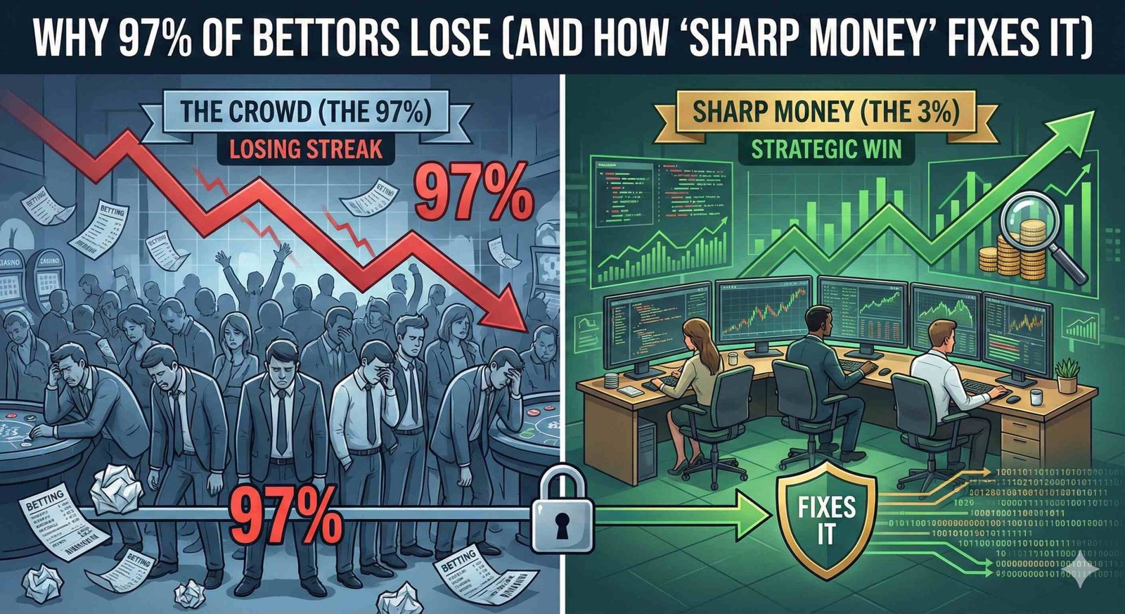 A split-screen illustration contrasting casual bettors with professional 'sharp' bettors. The left side, labeled 'THE CROWD (THE 97%)', shows a chaotic, blue-toned scene of stressed individuals with a large red downward graph arrow representing losses. The right side, labeled 'SHARP MONEY (THE 3%)', depicts a professional office environment with analysts at multi-screen workstations and a green upward trend line, symbolizing strategic wins. A shield icon labeled 'FIXES IT' bridges the transition between the two groups.