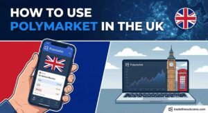 A split-panel digital illustration titled 'HOW TO USE POLYMARKET IN THE UK'. The top banner features the text against a dark blue background with a glowing network map of the United Kingdom and a circular Union Jack flag icon. The bottom left shows a hand holding a smartphone displaying the Polymarket app with a 'UK General Election' market and the UK flag. The bottom right displays a laptop showing a Polymarket trading chart, accompanied by stylized illustrations of Big Ben and a classic red telephone box. A 'tradetheoutcome.com' watermark is visible in the bottom right corner.