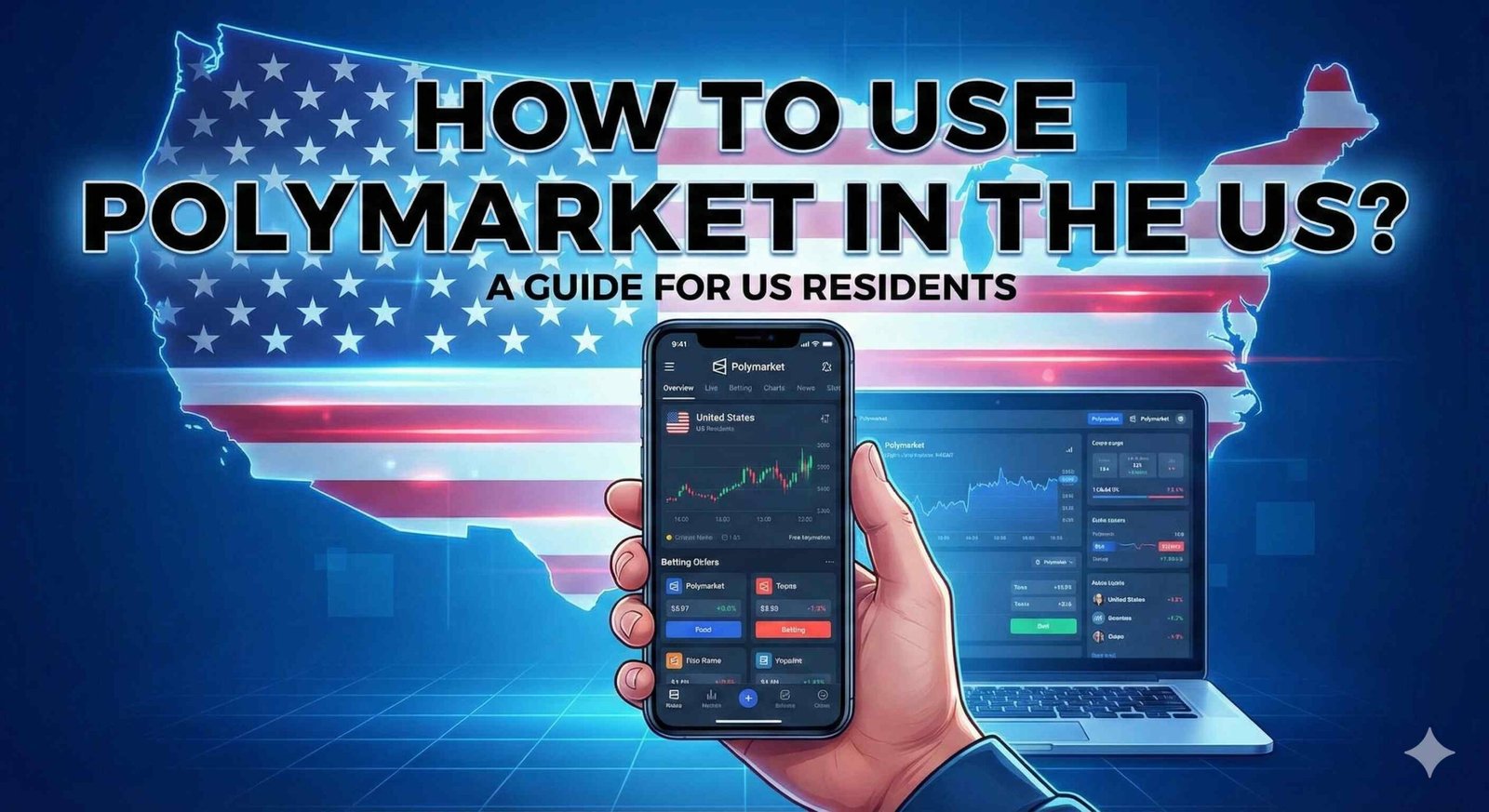 A digital illustration showing a hand holding a smartphone displaying the Polymarket interface, with a laptop showing the desktop version in the background. They are set against a backdrop of a United States map with a flag texture. The main title text reads: 'HOW TO USE POLYMARKET IN THE US? A GUIDE FOR US RESIDENTS
