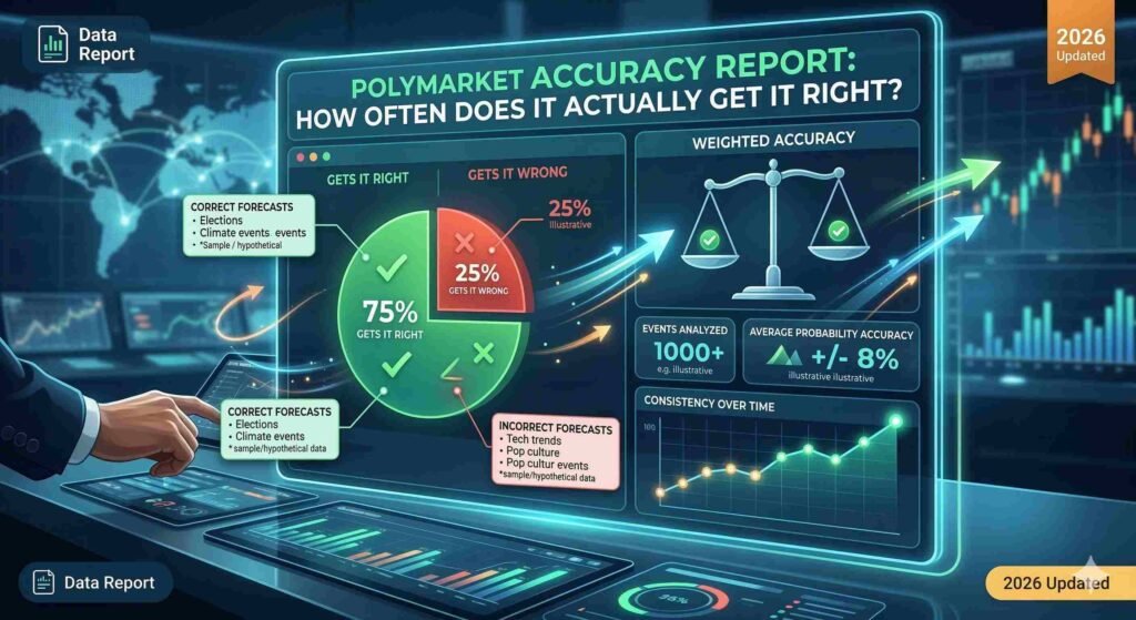 A futuristic digital dashboard titled 'POLYMARKET ACCURACY REPORT: HOW OFTEN DOES IT ACTUALLY GET IT RIGHT?'. A person's hand interacts with a holographic screen displaying a pie chart with a 75% 'GETS IT RIGHT' green section (highlighting elections and climate events) and a 25% 'GETS IT WRONG' red section (highlighting tech and pop culture trends). Additional glowing panels display a balanced scale for 'WEIGHTED ACCURACY', data points showing '1000+ EVENTS ANALYZED' and '+/- 8% AVERAGE PROBABILITY ACCURACY', and an upward-trending line graph for 'CONSISTENCY OVER TIME'. Badges for 'Data Report' and '2026 Updated' are visible in the corners."