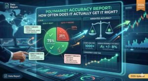 A futuristic digital dashboard titled 'POLYMARKET ACCURACY REPORT: HOW OFTEN DOES IT ACTUALLY GET IT RIGHT?'. A person's hand interacts with a holographic screen displaying a pie chart with a 75% 'GETS IT RIGHT' green section (highlighting elections and climate events) and a 25% 'GETS IT WRONG' red section (highlighting tech and pop culture trends). Additional glowing panels display a balanced scale for 'WEIGHTED ACCURACY', data points showing '1000+ EVENTS ANALYZED' and '+/- 8% AVERAGE PROBABILITY ACCURACY', and an upward-trending line graph for 'CONSISTENCY OVER TIME'. Badges for 'Data Report' and '2026 Updated' are visible in the corners."