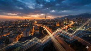 A dramatic, photorealistic view of the Tehran skyline at dusk, featuring the Milad Tower in the distance. Glowing, abstract light trails form an upward-trending financial line chart in the foreground, blending seamlessly with the illuminated city streets and highways below