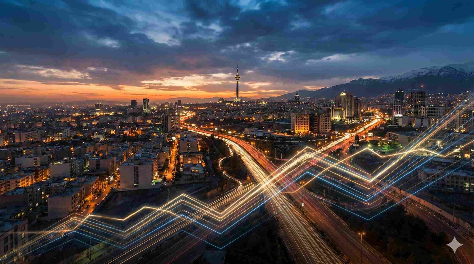 A dramatic, photorealistic view of the Tehran skyline at dusk, featuring the Milad Tower in the distance. Glowing, abstract light trails form an upward-trending financial line chart in the foreground, blending seamlessly with the illuminated city streets and highways below