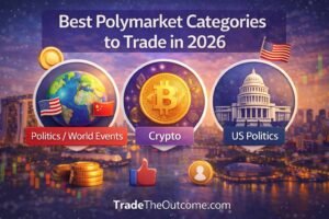 Best Polymarket categories to trade in 2026 infographic showing politics and world events, crypto, and US politics with icons, coins, charts, and Tradetheoutcome.com watermark in a clean modern design