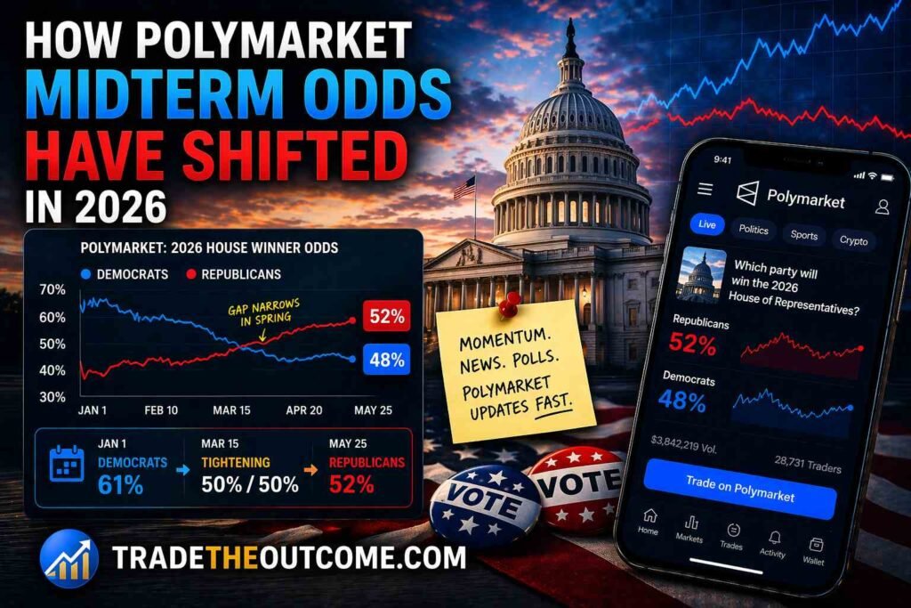How Polymarket midterm odds have shifted in 2026 infographic showing US Capitol with political trend charts, a smartphone displaying Polymarket prediction market data, and Tradetheoutcome.com watermark in a clean news-style design