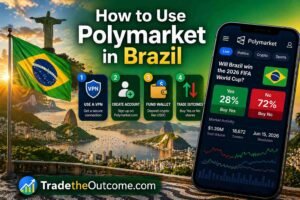 How to use Polymarket in Brazil infographic showing Rio de Janeiro skyline with Christ the Redeemer and Brazil flag, a smartphone displaying Polymarket app interface, and Tradetheoutcome.com watermark in a clean modern design